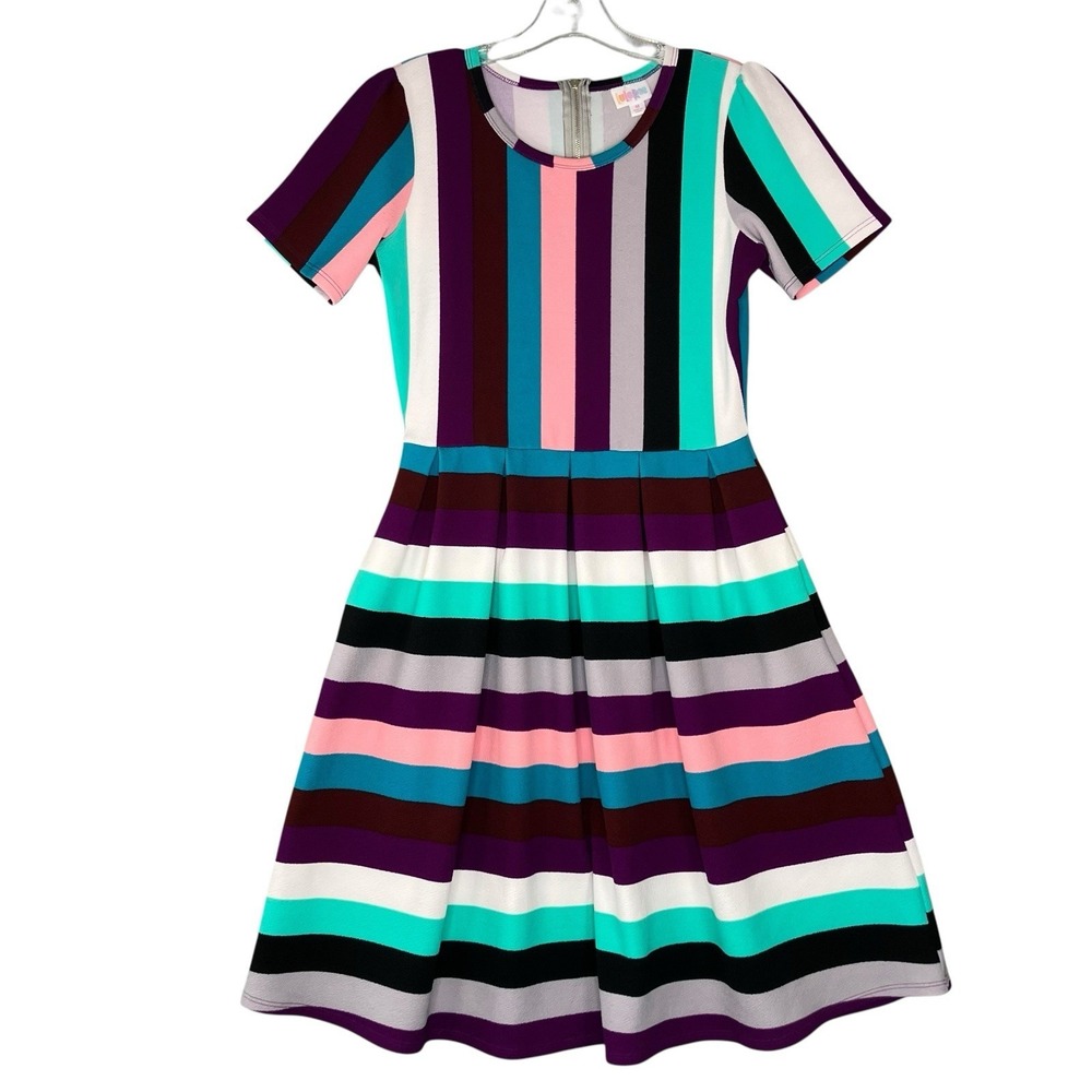 LuLaRoe Striped Amelia Dress M Colorful Pockets Fit Flare Dopamine Dressing Prep